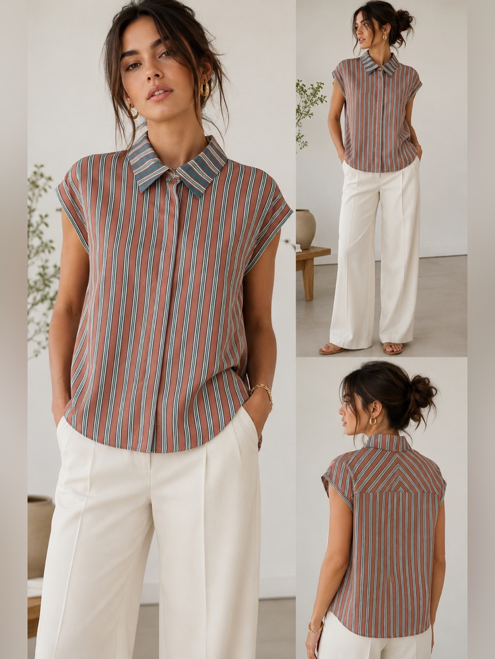 Sandro Paris Striped Blouse Size 3 Oversized Collared Cap Sleeve French Chic